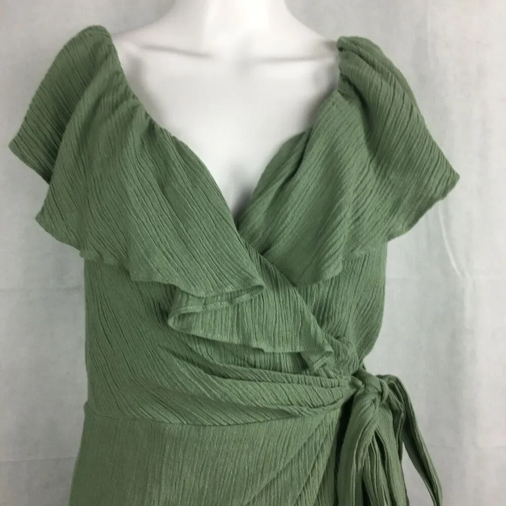 Free People Dress Womens Sz S Green Ruffled‎ Crinkle Mini Wrap Sundress V-Neck